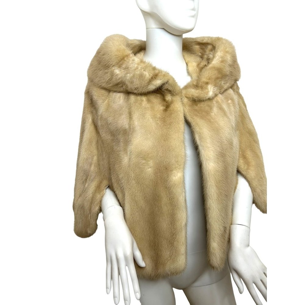 Women’s Mink Cape Vtg 1980s Blond S Shawl Collar Hook Closure Elbow Slits
